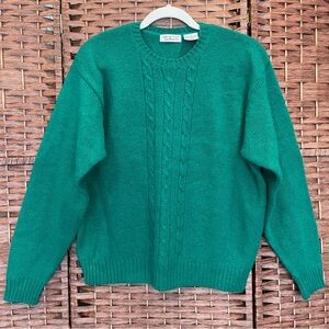 Vintage Talbots Green Cable Knit Crewneck Sweater, 100% Wool Shetland, Size XL.